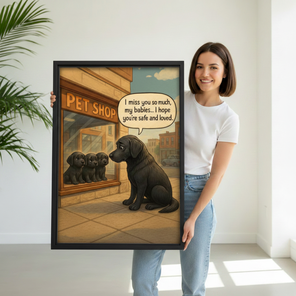 Smiling woman holding emotional Lab mom pet shop framed canvas wall art, black frame, bright room
