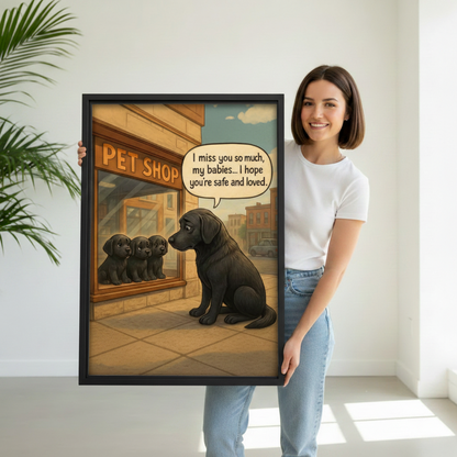 Smiling woman holding emotional Lab mom pet shop framed canvas wall art, black frame, bright room
