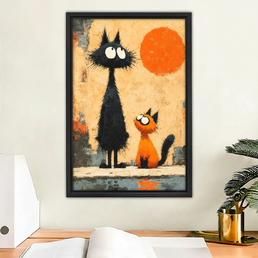 Whimsical Black Orange Cat Duo Wall Art Canvas Print l2031