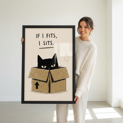 Woman holding If I Fits I Sits funny black cat framed wall art print – size reference display