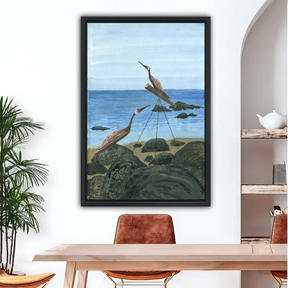 Coastal heron birds oil painting canvas wall art in black frame above wooden dining table in bright modern room