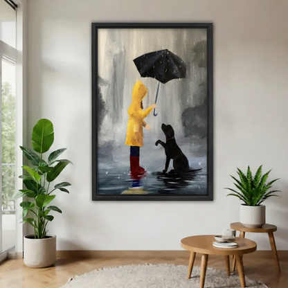 Rainy Day Girl & Dog black framed canvas wall art in minimalist living room with indoor plants