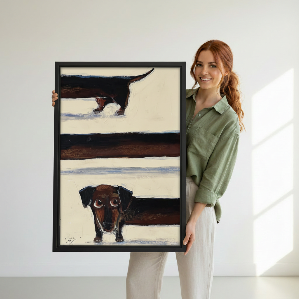 Woman holding large dachshund peeking through fence framed canvas art print