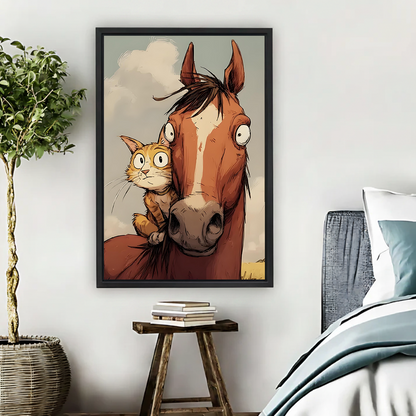 Whimsical cat and horse comic illustration framed print hanging in modern bedroom