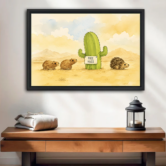 Free Hugs Cactus & Animals Watercolor Framed Canvas l2567