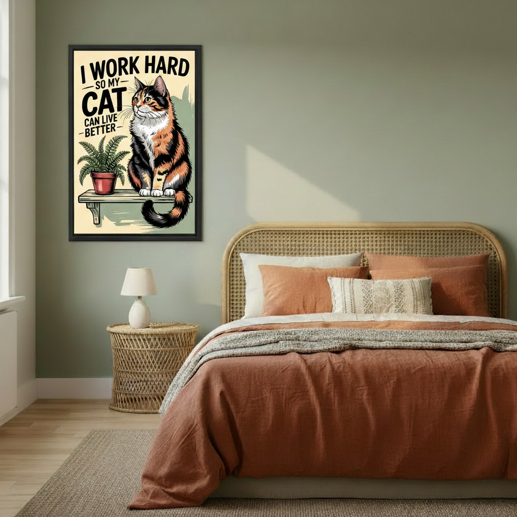 Funny cat quote retro poster canvas wall art in black frame in cozy bedroom — calico cat on shelf humorous illustration above bed