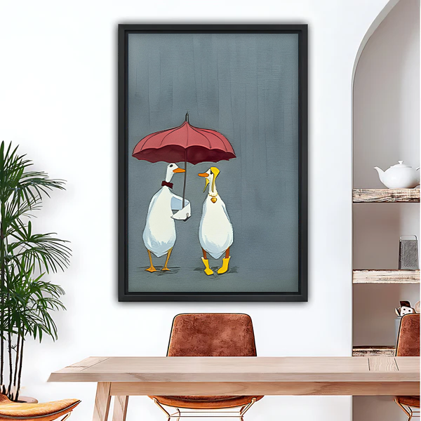 Rainy day ducks romantic framed wall art print hanging in dining room above wooden table