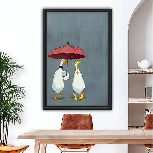 Rainy day ducks romantic framed wall art print hanging in dining room above wooden table