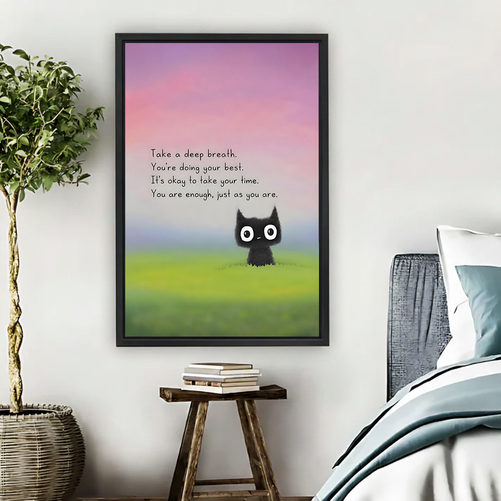 Framed kawaii cat pastel sky inspirational quote canvas wall art print in cozy bedroom beside plant