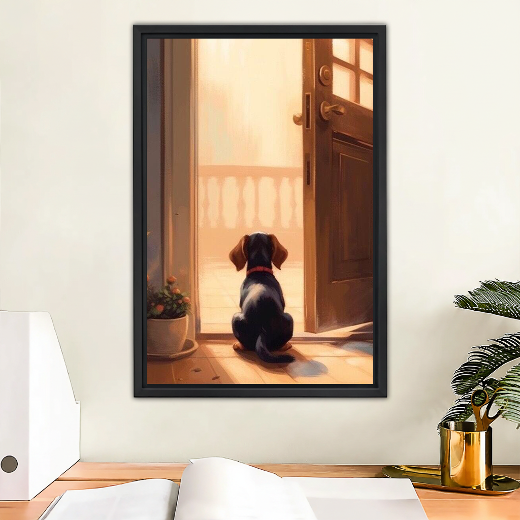 Black framed dachshund puppy waiting at open door canvas wall art above home office desk