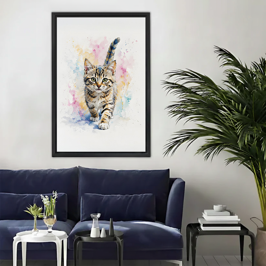 Watercolor kitten framed canvas wall art above navy blue sofa in modern living room