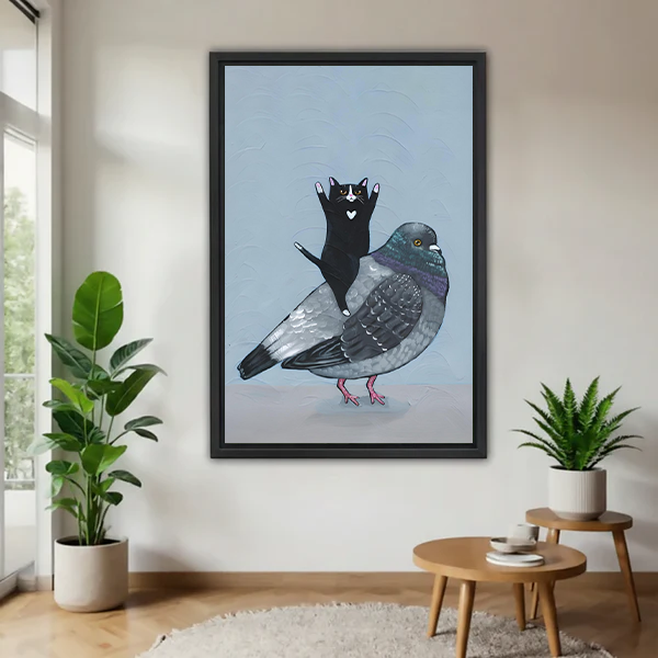 Funny Cat Riding Pigeon Black Framed Wall Art Print Living Room Decor