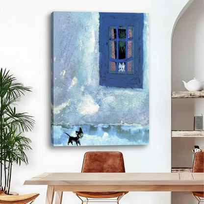 Impressionist black white cats window oil painting, gallery wrap frameless canvas, cozy cat art, Scandinavian living room wall decor