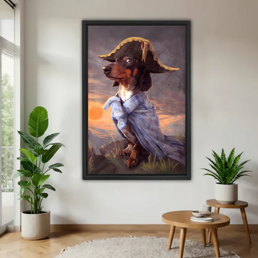 Dramatic dachshund pirate canvas art print hanging in bright contemporary living space