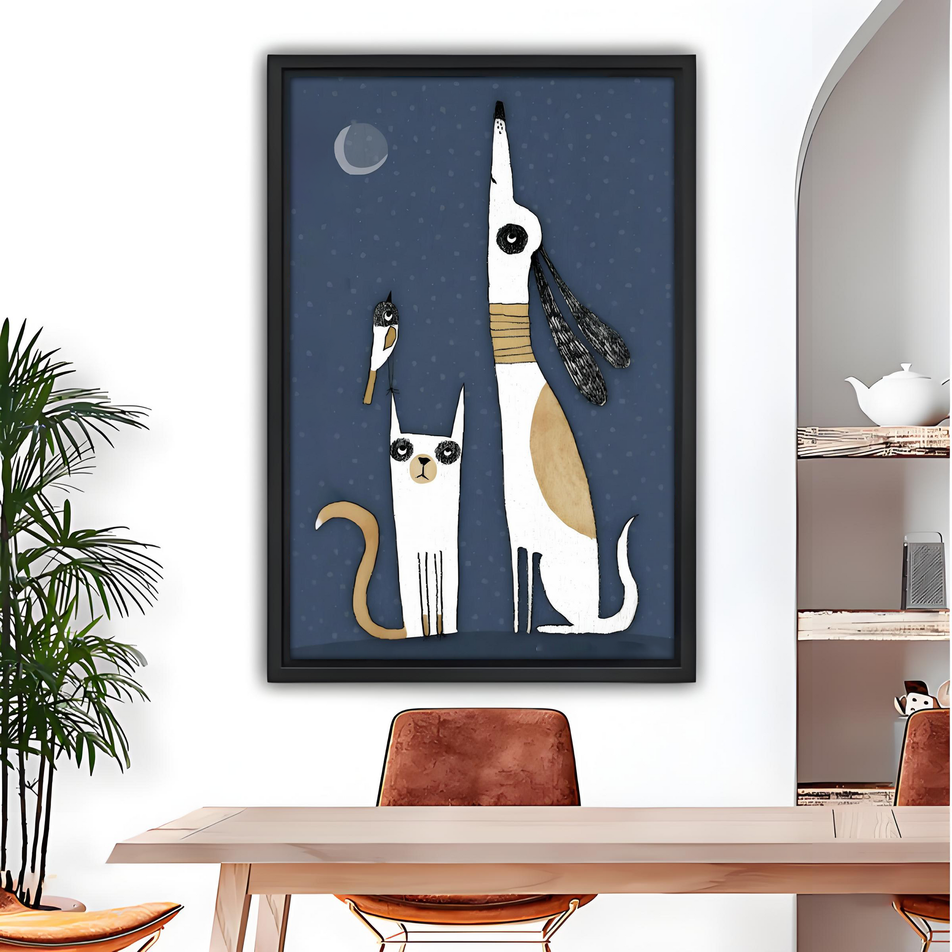 Whimsical cat and dog howling at crescent moon framed canvas wall art, midnight blue background, black frame, modern dining room setting