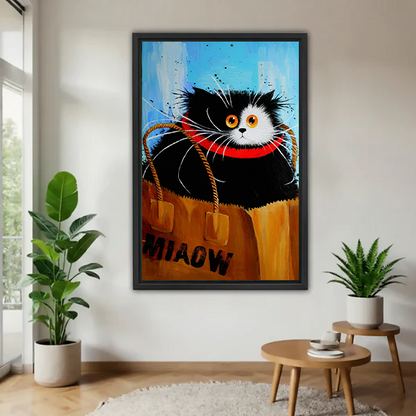 Black and white cat with orange eyes and red collar sitting inside MIAOW kraft paper shopping bag bold oil painting style framed wall art hung on white wall in Scandinavian living room with large fiddle leaf fig plant and round wooden side table