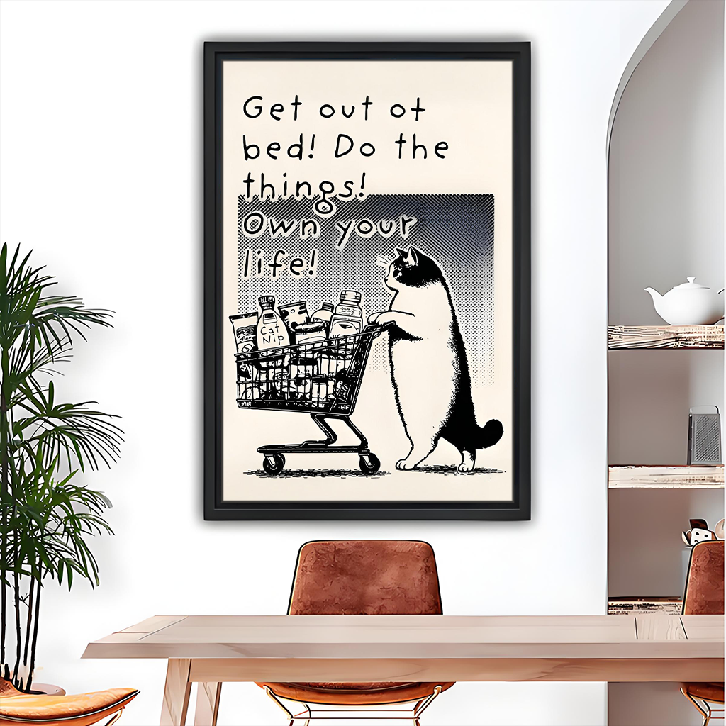 Funny Cat Shopping Cart Own Your Life Retro Motivational Black Framed Wall Art Print Dining Room