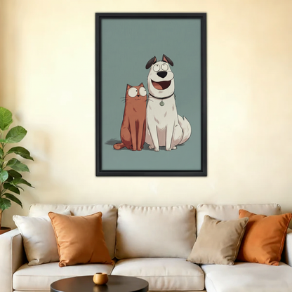 Adorable orange cat and white dog best friends wall art print in black frame above cream sofa with orange cushions and fiddle leaf fig in contemporary living room