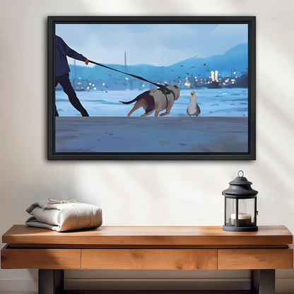 Dog Walk Seagull Standoff Digital Art Framed Canvas l2565