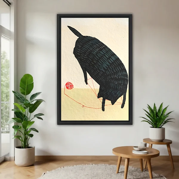 Japanese ukiyo-e black cat playing red yarn ball zen framed canvas wall art in black frame on white wall with fiddle leaf fig and fern
