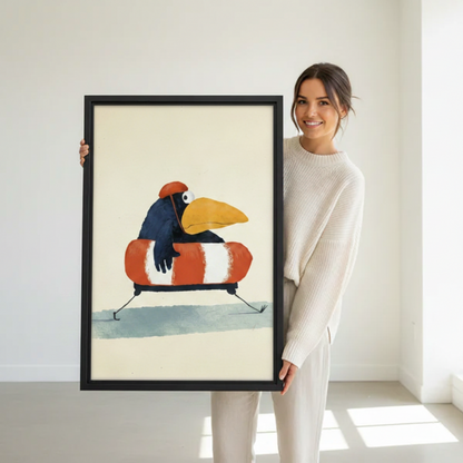 Woman holding large framed quirky bird canvas wall art – vintage illustration print shown to scale
