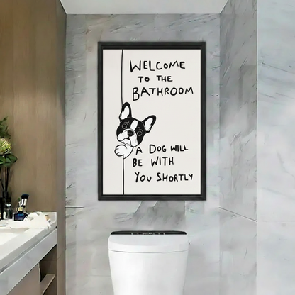 Funny French Bulldog bathroom wall art print in black frame above toilet in marble bathroom