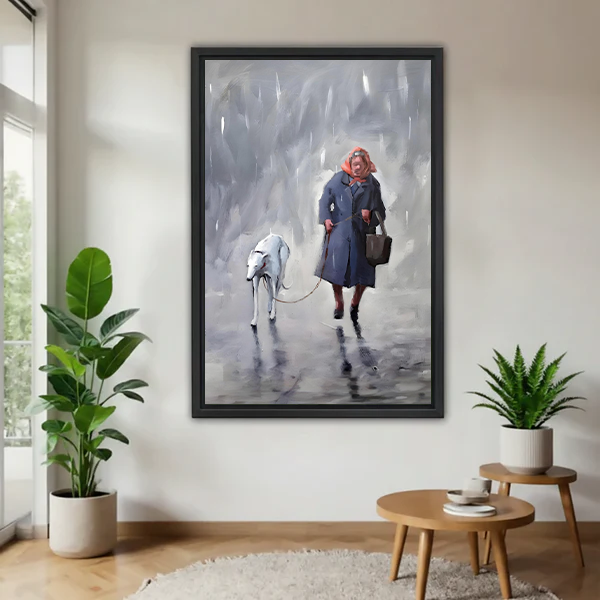 Framed oil painting wall art print of an elderly woman walking a white greyhound in the rain, displayed in a bright living room with indoor plants