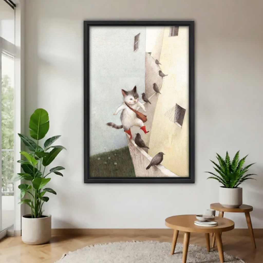 Framed whimsical cat canvas print displayed in modern living room with tropical plants and wooden side table