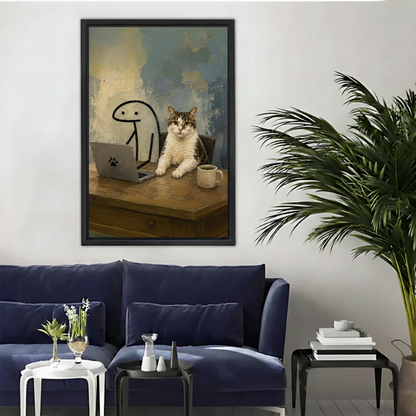 Funny cat boss framed oil painting wall art print in black frame above a navy sofa in a modern living room