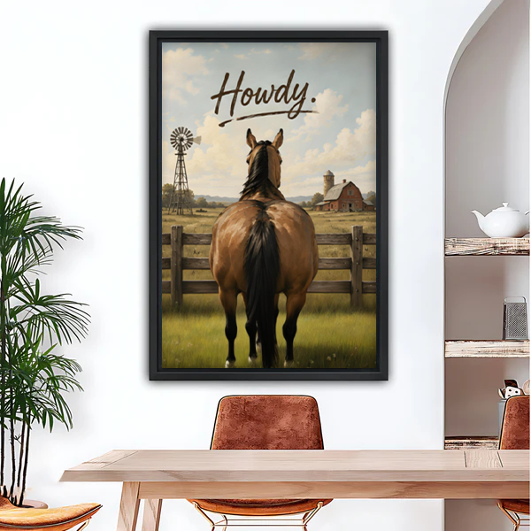 Howdy western horse framed canvas wall art hung in modern dining room
