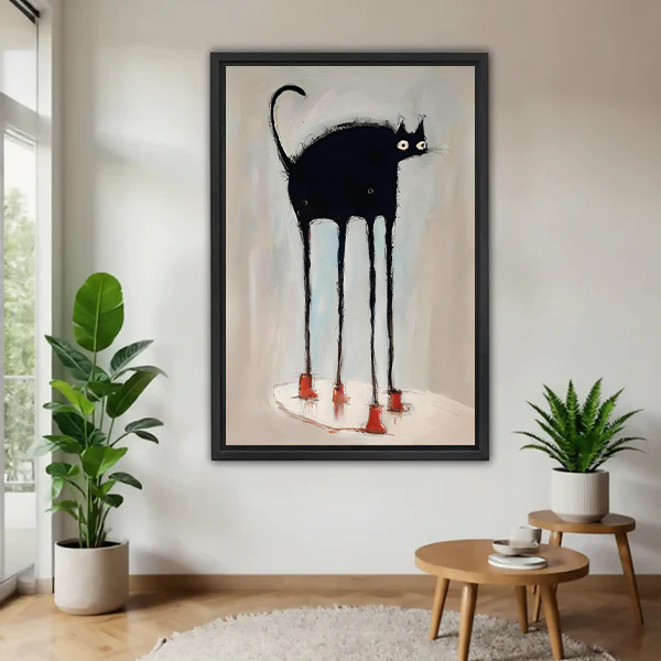 Long-legged black cat red boots quirky sketch framed canvas wall art in black frame on white wall with fiddle leaf fig and fern plants