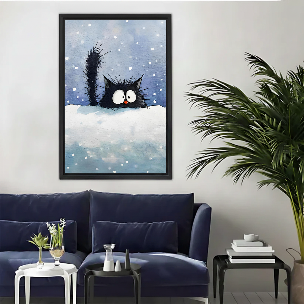 Whimsical black cat snow scene framed wall art print above navy sofa in modern living room