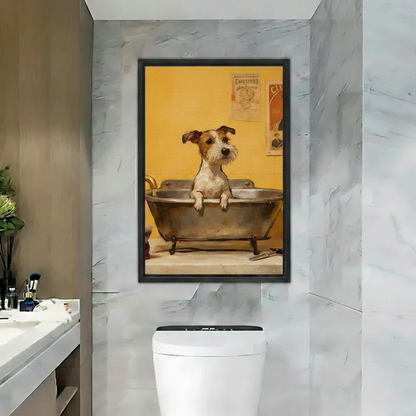 Framed vintage terrier dog in bathtub retro canvas print hanging above toilet in marble bathroom decor