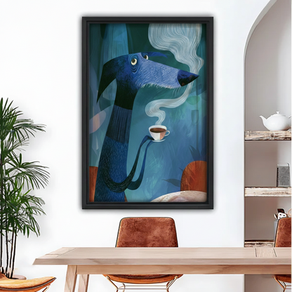 Framed blue dog coffee art print hanging on white wall in contemporary dining room