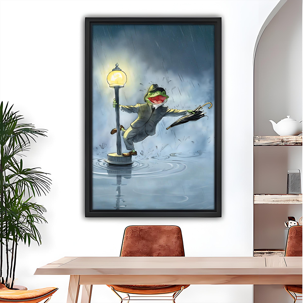 Singing in rain dancing frog retro framed canvas wall art – funny vintage Hollywood print above dining table with palm plant