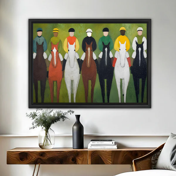 Framed abstract horse racing jockeys colorful modern wall art print above wooden console table