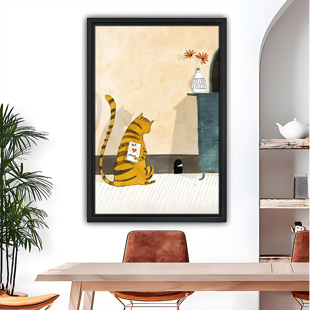 Cute orange tabby cat Be Mine Valentine illustration framed wall art – dining room decor