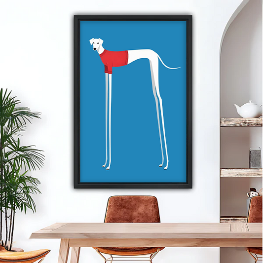 Funny white greyhound in red sweater pop art framed canvas wall art in dining room
