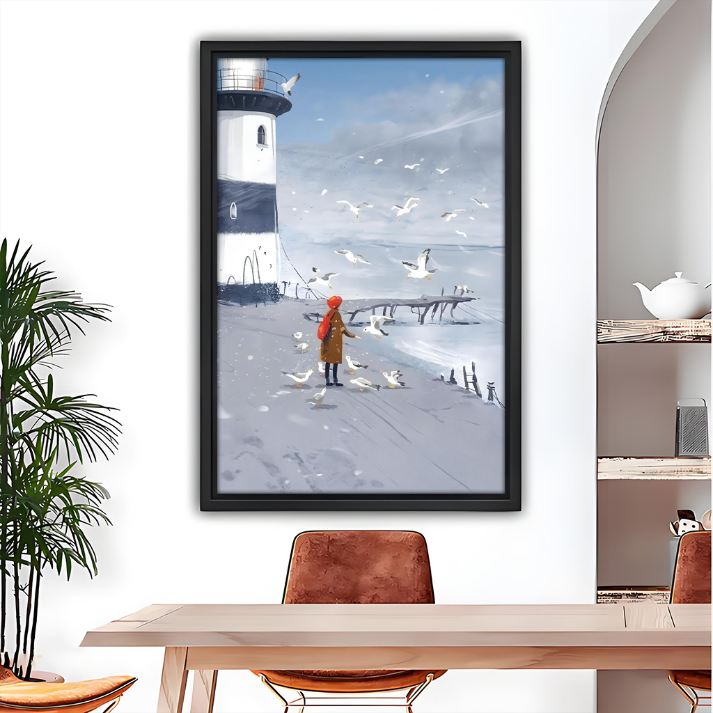 Winter Lighthouse Girl Seagulls Oil Painting Black Framed Wall Art Print Dining Room Decor