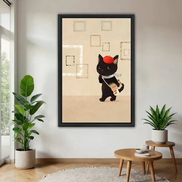 Chic black cat in red beret holding bubble tea retro illustration framed canvas wall art in modern living room