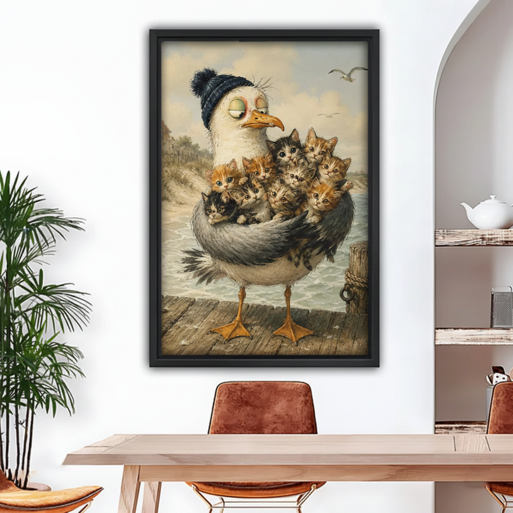 Humorous seagull carrying cats framed wall art print hanging in modern dining room decor