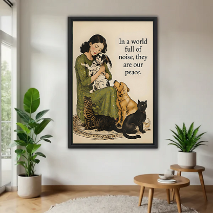 Woman in green floral dress sitting on rug holding dalmatian puppy with yellow labrador black cat and tabby cat beside her vintage watercolor illustration with they are our peace quote framed wall art hung on white wall in Scandinavian living room with large fiddle leaf fig plant wooden side table and fern
