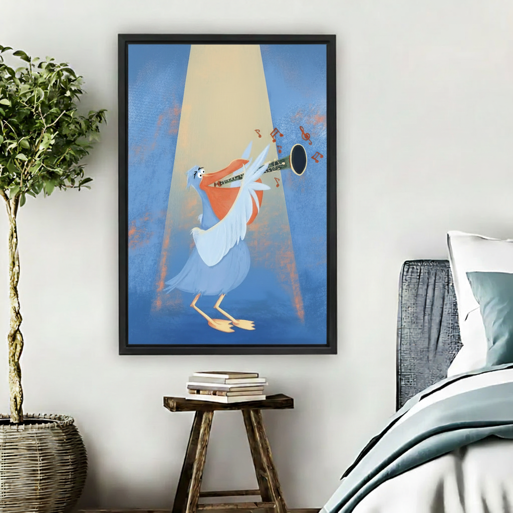 Jazz pelican saxophone framed canvas wall art print, blue spotlight, bedroom decor