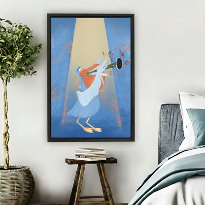 Jazz pelican saxophone framed canvas wall art print, blue spotlight, bedroom decor