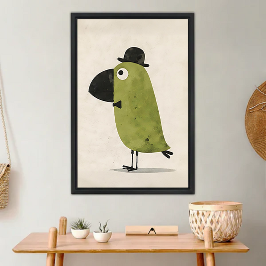 Whimsical dapper green bird with bowler hat and bow tie framed wall art print in black frame above a wooden console table in a bohemian entryway