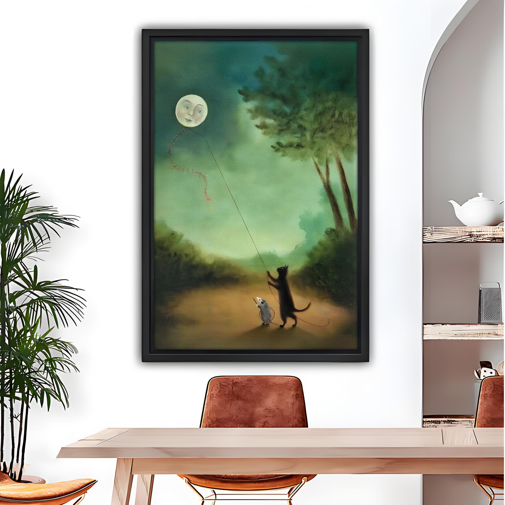 Whimsical cat and mouse flying moon kite framed canvas wall art, black frame, dreamy green forest oil painting, modern dining room decor