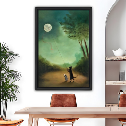 Whimsical cat and mouse flying moon kite framed canvas wall art, black frame, dreamy green forest oil painting, modern dining room decor