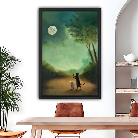 Whimsical cat and mouse flying moon kite framed canvas wall art, black frame, dreamy green forest oil painting, modern dining room decor