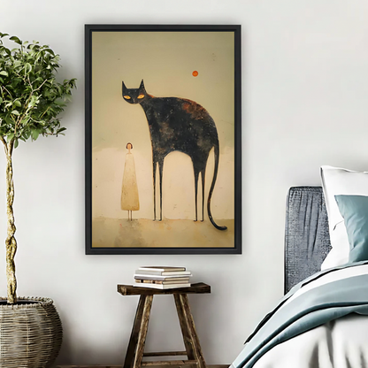 Surrealist Giant Black Cat and Girl Canvas Wall Art | Framed & Unframed l3815