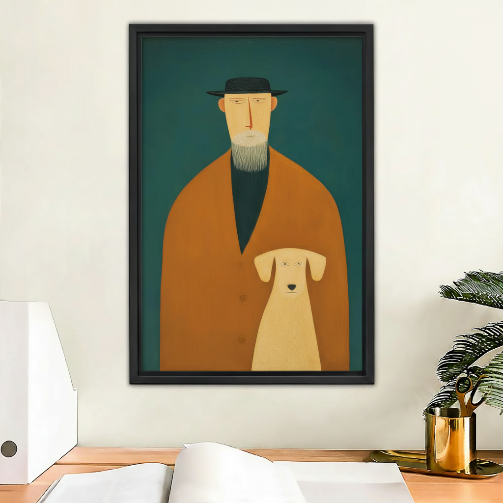 Mid-century bearded man with black hat orange coat and yellow dog portrait wall art print in black frame above wooden desk with gold stationery and open notebook in modern home office